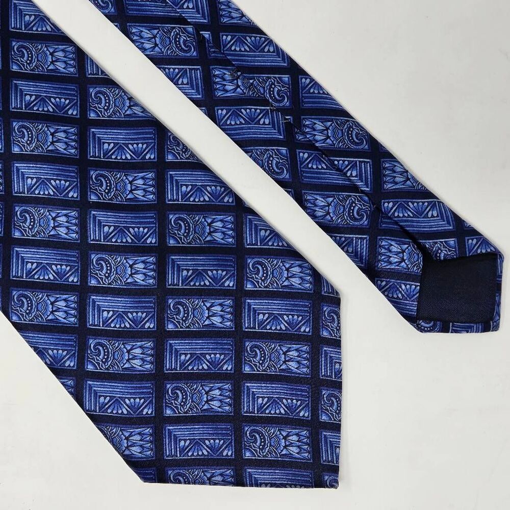 LANVIN PARIS SILK TIE BLUE BAROQUE PAISLEY WINDOWPANE SMOOTH SATIN 3.75" X 60"